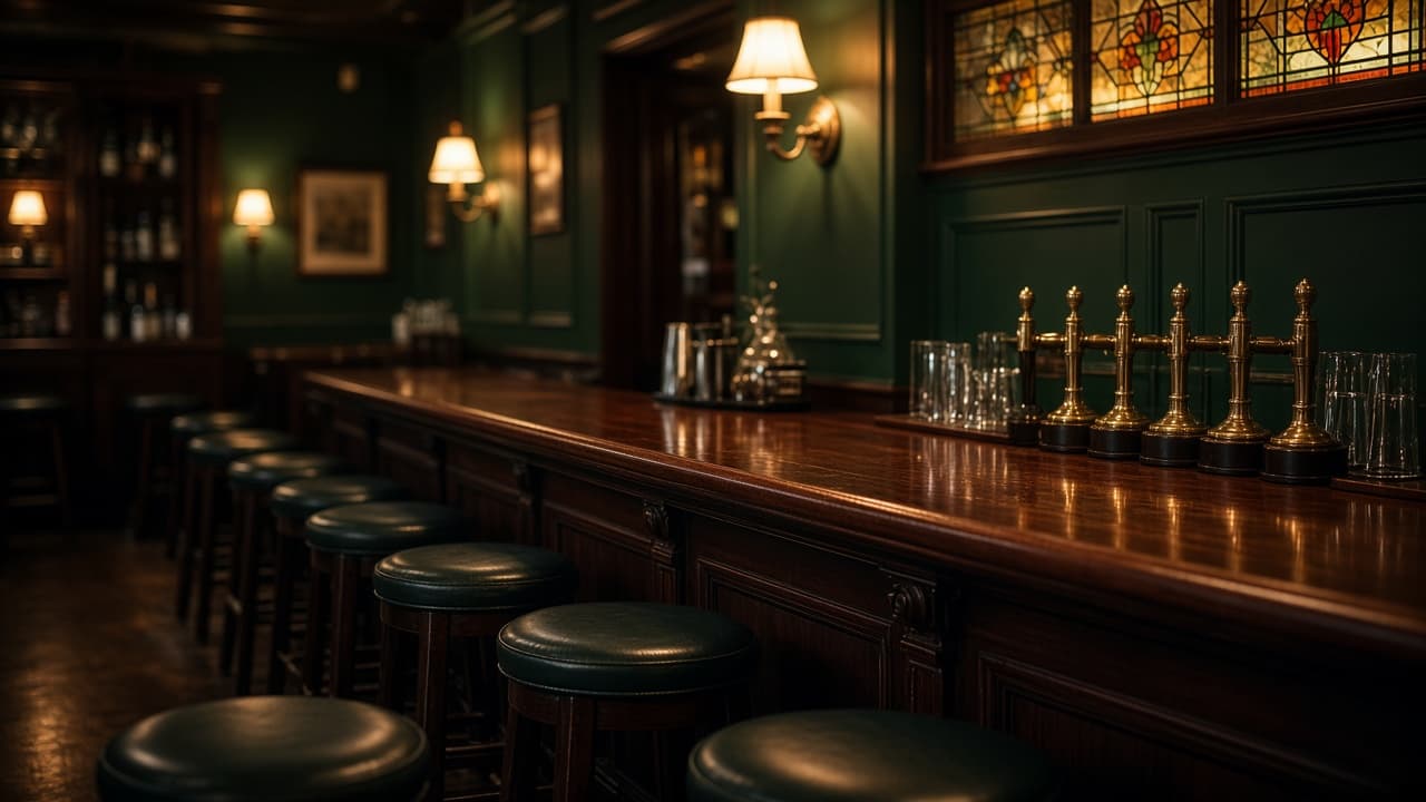 Mahogany bar, brass tap handles and cream lighting in a generic pub room