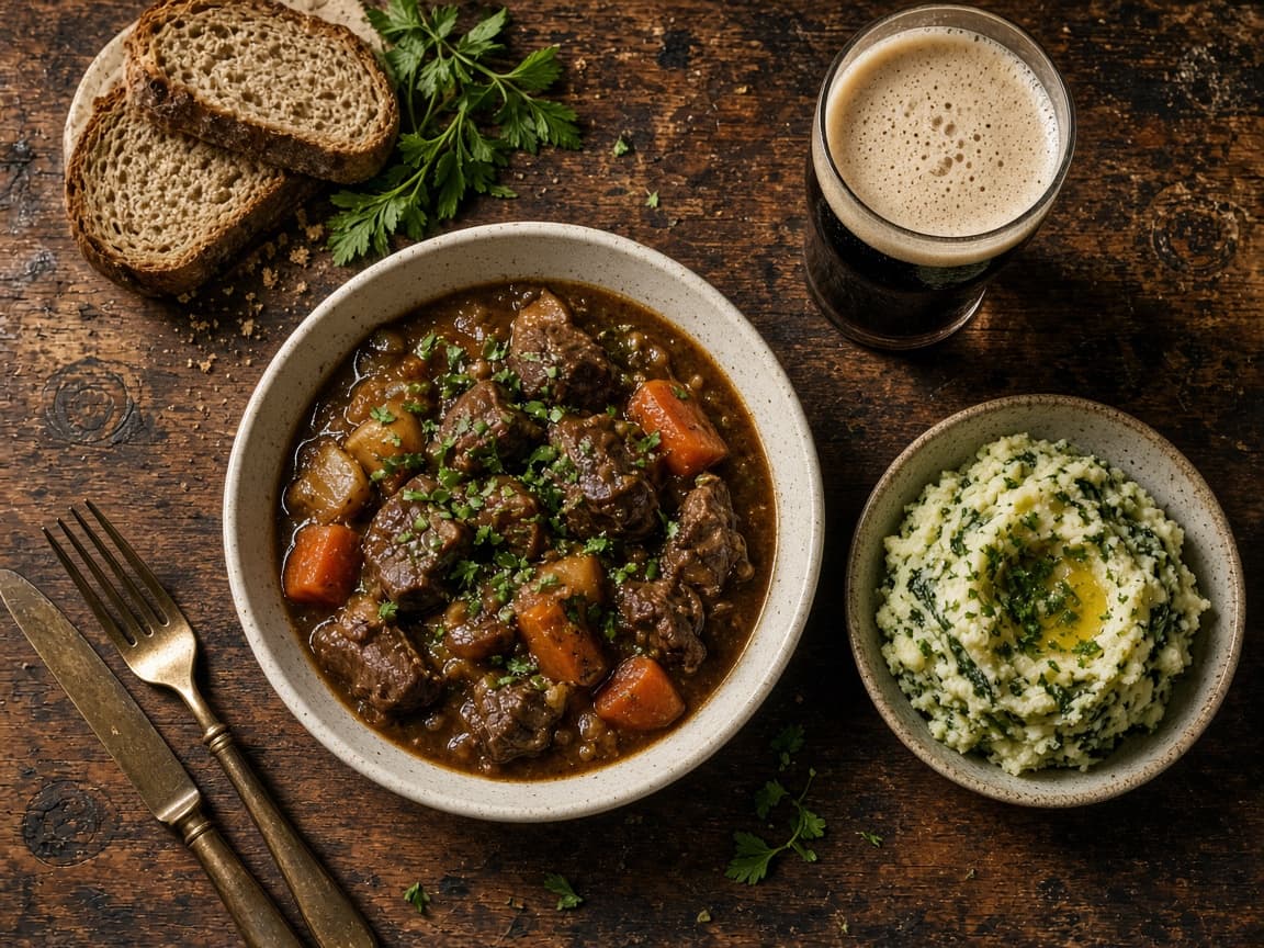 Stew, soda bread and a dark pint on a worn wooden pub table